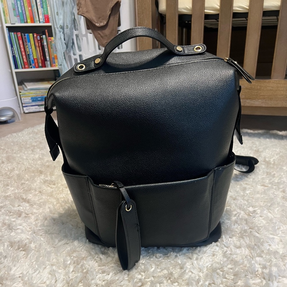 Black Leather Diaper Bag Backpack